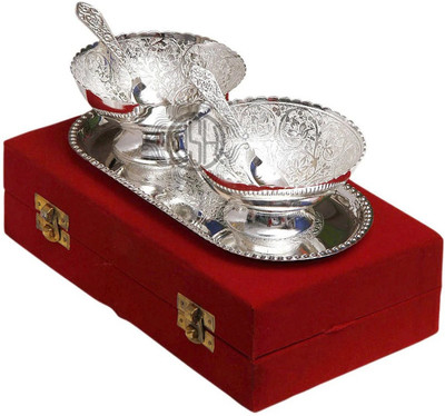 Dsh Silver Plated Bowl Set with Tray and Spoon Used for Dry Fruit, Sweets with Box Tray