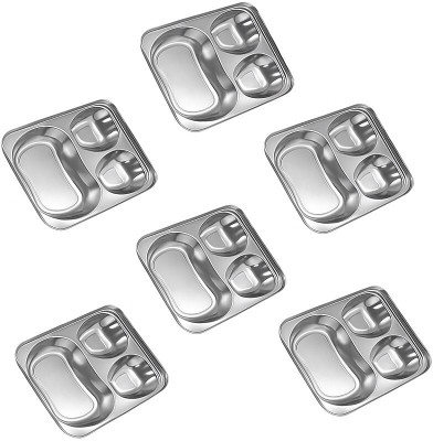 Dynore Stainless Steel 3 in 1 Pav Bhaji Plate/Apple Shape Plate- Set of 6 Pcs Sectioned Plate(Pack of 6)