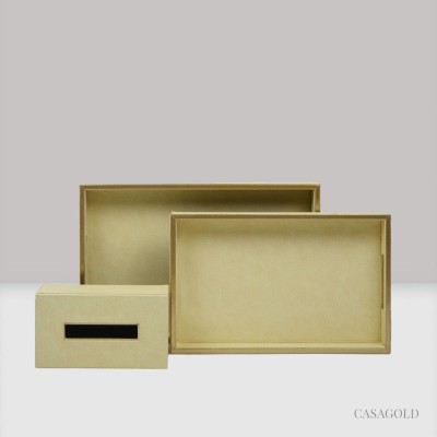 casagold Set of 2 Leather Tray II Tissue Holder Set - Cream Twill Tray(Pack of 3)