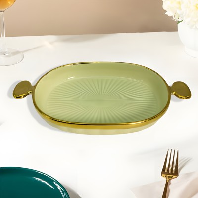 Lemon Tree Oval Ceramic Serving Deep Platter with Side Handles, Desserts, Snacks (Green) Tray