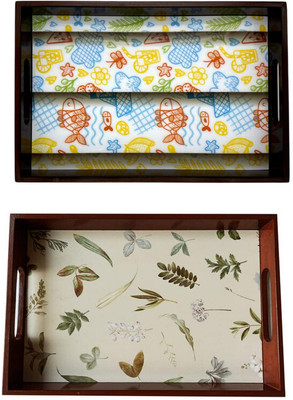 Espoir bloom Wooden tray set of 2 with UV print|Serving Tray|Multipurpose Tray|EB-T1028 Tray(Pack of 2)