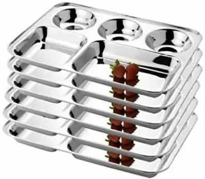 MUKTIDAYA ENTERPRISES 5 in 1 Stainless Steel Divided Partition Lunch Dinner Plate Thali Dinner Plate Sectioned Plate(Pack of 6, Microwave Safe)