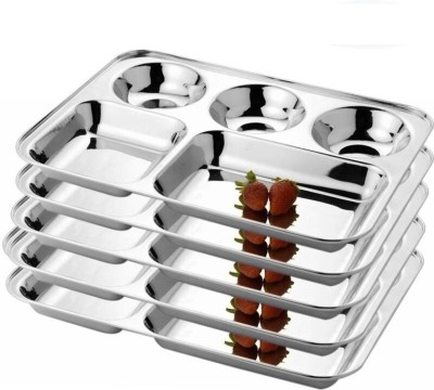 PROJAIN STEEL Stainless steel 5 in 1 Rectangular Set of 5 Dinner Plates / Bhojan Thali / Lunch Plates ( Stainless Steel, 5 Pieces) Sectioned Plate(Pack of 5)