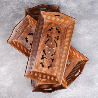 ADA Handicraft Premium Craft Pakka Sheesham Wooden Serving Tray, Handmade & Handcrafted Platter Tray(Pack of 3)