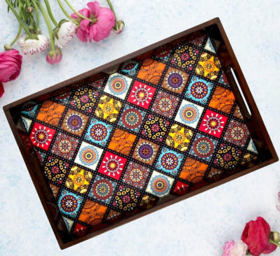Angira handicrafts Wooden tray set of 1 with UV print|Serving Tray|Multipurpose Tray|AHS-T1835 Tray