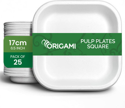 Origami Square 7 Inch (17cm) Biodegradable & Eco-friendly Bagasse Paper Plates Dinner Plate(Pack of 25)