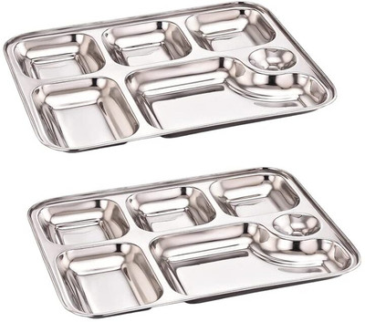ZORROW MART Stainless Steel Rectangular Bhojan Thali Set/ 6 Compartment Each Sectioned Plate Sectioned Plate(Pack of 2)