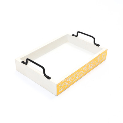 Designer Library Donna Carved Serving Wooden Tray with Iron Handles Tray