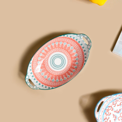 Nestasia Pink and Blue Mandala Ceramic Long Dish with Handles for Serving Snacks Tray(Microwave Safe)