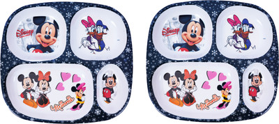 Vishika Store Mickey Mouse Printed Melamine Kids Square Plate 4 Sectioned Plate(Pack of 2, Microwave Safe)