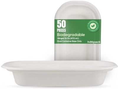 Hotpack 50 Pieces Biodegradable Hinged 16 Oz (470 Ml ) Oval Container Base Only Baking Dish(Pack of 50, Microwave Safe)