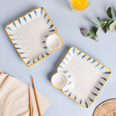 Nestasia Teardrop White and Blue Nitori Ceramic Set of 2 Square Plates with Section, Chip & Dip Tray(Pack of 2, Microwave Safe)