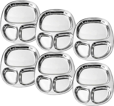 Dynore Stainless Steel 3 IN 1 Three Compartment Nasta/Dinner Plate- Set of 6 Large Sectioned Plate(Pack of 6)