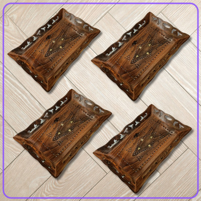 4MECH Sheesham Handcrafted Premium Decorative Rectangular Wooden 15x10 Inch Tray(Pack of 4)