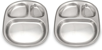 Dynore Stainless Steel 3 IN 1 Three Compartment Nasta/Dinner Plate- Set of 2 Large Sectioned Plate(Pack of 2)