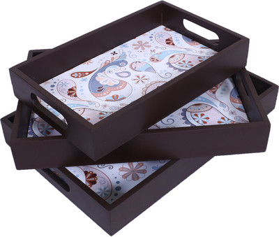 KUBER INDUSTRIES Wooden Paisley Design Farmhouse Platter|Rectangular Shape Set of 3 (Brown) Tray(Pack of 3)