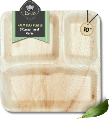 ECONUS Areca Leaf 10 INCH Square Plate with 3 Compartment (Pack of 25) Areca Palm Leaf Plate with 3 partition for Party and Function Biodegradable and Ecofriendly Dinner Plate(Pack of 25, Microwave Safe)