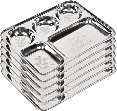 SMDE Stainless Steel Laser Partition Plate 5 in1 Set of 6 Dinner Plate(Pack of 6, Microwave Safe)