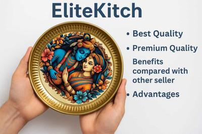 Elitekitch Floral Radha-Krishna Half_5 Inch Pure Brass Pooja Thali | Aarti Plate for Mandir Dinner Plate(Microwave Safe)