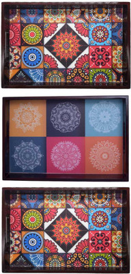 Espoir bloom Wooden tray set of 3 with UV print|Serving Tray|Multipurpose Tray|EB-T503 Tray(Pack of 3)