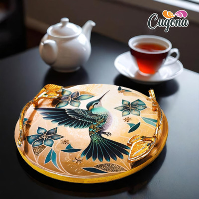 CUGONA Round Serving Tray with Metal Handles 12 inch Wooden Tray for Serving Tray