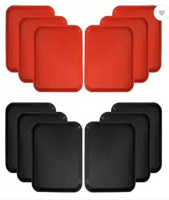 TRILOKNKS Raised Edges Rectangular Tray for Home Canteen Restaurant 12×16 inches Red Black Tray(Pack of 12, Microwave Safe)