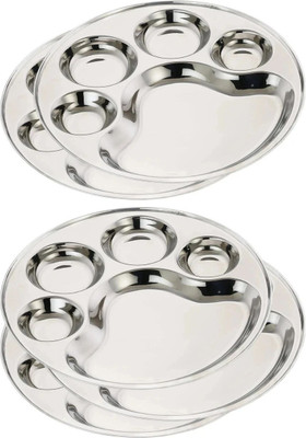 GATISTAVAM 5 Compartment Stainless Steel Round Plate (Lunch/Bhojan/Thali) Dinner Plate(Pack of 5, Microwave Safe)