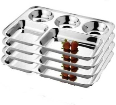 Liolis Stainless Steel 5 Partition Bhojan Thali, Patra with Hight Polish-04 Pcs Dinner Plate(Pack of 4, Microwave Safe)