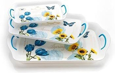 DLD Premium Era Serving Tray Set of 3 Flower Print Design Plastic Material Tray(Pack of 3)