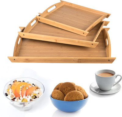 KUBER INDUSTRIES Set of 3 Multipurpose Bamboo Wooden Serving Trays with Handles | CX-14 | Browm Tray(Pack of 3)
