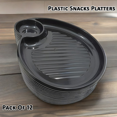 Inpro Serve Snack in Style with our Sectioned Plastic Platter Set of 12 in Black Color Sectioned Plate(Pack of 12, Microwave Safe)