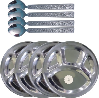 SHINI LIFESTYLE Bhojan Thal 4 column, Steel Plate for dining, Sectioned Thali 4pc with Spoon Set Dinner Plate(Pack of 4)