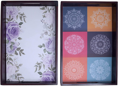 Espoir bloom Wooden tray set of 2 with UV print|Serving Tray|Multipurpose Tray|EB-T922 Tray(Pack of 2)