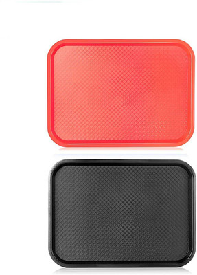 Everbuy Plastic Trays for Breakfast Snacks And Drinks 16 X 12 Inches, BLACK AND RED Tray(Pack of 2)