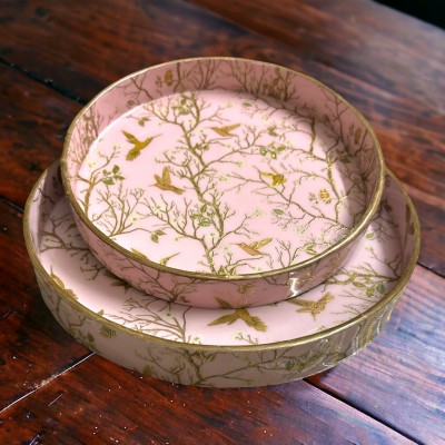 DecorHouse Set of 2 MDF Wood Enamel Coated, Round Pink Gold(12inch & 10 Inch) Tray(Pack of 2)