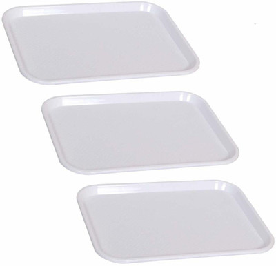 Kanha Rectangular Plastic Serving Tray for Home Kitchen (16 X 12 Inches) White Tray(Pack of 3)