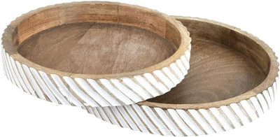 MOXLY Round Wooden Serving Trays Set of 2 Handcrafted Carved Mango Wood Tray(Pack of 2)