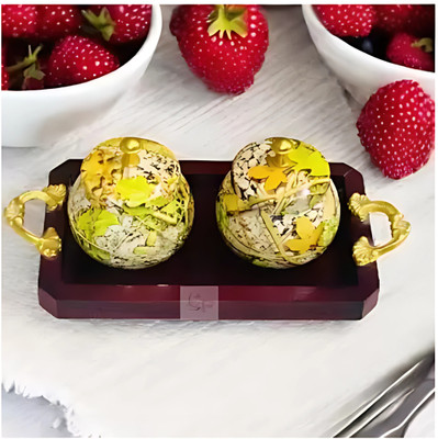 CRITICS PICKS 2Pc Wooden Tray with Gold-Plated Handles & 300ml Pure Copper Bowls Tray(Microwave Safe)