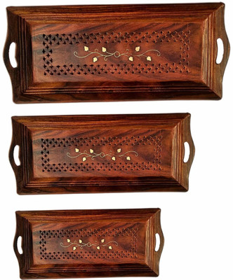 JANMESH ENTERPRISES Wooden Serving Tray Set of 3 (Large, Medium And Small) With Brass Work Tray(Pack of 3)