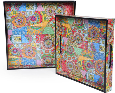 amimashop Mangalam Enterprise Wooden Serving Tray with Set for 2 Flower print Tray(Pack of 2)