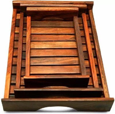 webshoppee Sheesham Wooden Serving Tray Handmade & Handcrafted Rectangular Serving Tray(Pack of 3)