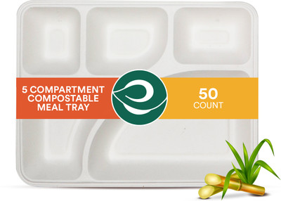 ECO SOUL Compostable Bagasse 5 Compartment Meal Tray(Pack of 50, Microwave Safe)
