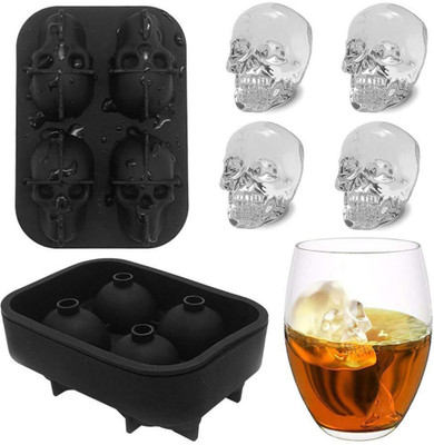 Estervig 3D Skull Silicone Ice Molds for Whiskey, Halloween Skull Ice Cube Tray Maker Black Silicone Ice Ball Tray(Pack of1)