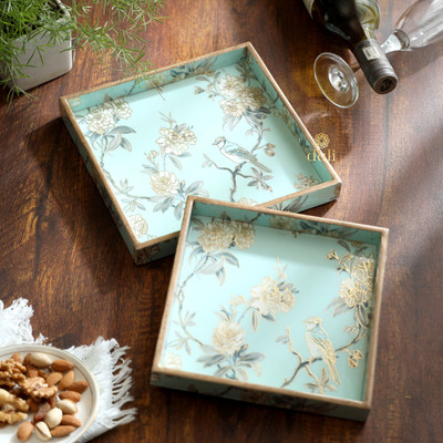 DULI Set of 2 Square Blue Bird Print Serving Tray for Festive Tray (9x9 & 8x8inches) Tray(Pack of 2)