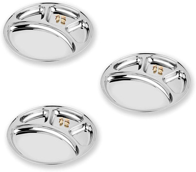 Lyticx Stainless Steel 4 in 1 Round Deluxe Tray Plate Dinner Plate(Pack of 3, Microwave Safe)