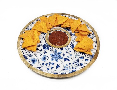 SHIYON Wood Round Chip and Dip Bowl Plate Tray for Snacks -Blue Print Design Chip & Dip Tray