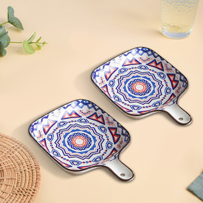 Nestasia White and Blue Set of 2 Mandala Patterned Square Ceramic Snack Plate Baking Dish(Pack of 2, Microwave Safe)