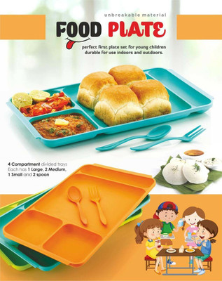 Kitchwish Unbreakable 4-Compartments Dish with 1 Spoon and 1 Fork, Dinner Plate Plastic Sectioned Plate(Pack of 3, Microwave Safe)