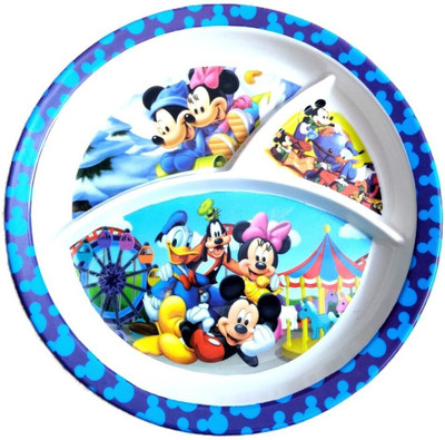 shree murti Melamine Kids Plate Round 3 Section 10'' with Partition (Micky Mouse) Sectioned Plate(Microwave Safe)