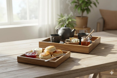 MZ Collections Rectangular Wooden Tray in Mango Wood Natural for Home Decor, bar and Kitchen Tray(Pack of 2)